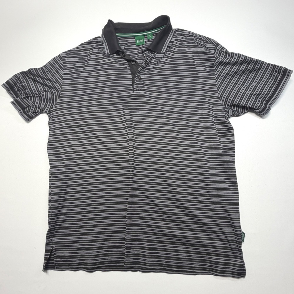 Hugo Boss Green Label Men's Polo Shirt L Gray Black Stripe‎ Italy Made